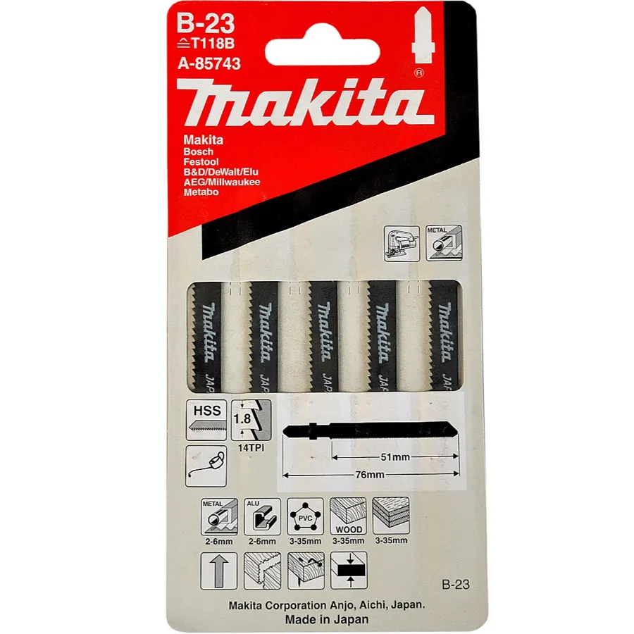 Пилка лобзиковая для металла HSS, 51 мм, 14TPI, B-23, 5 шт Makita A-85743