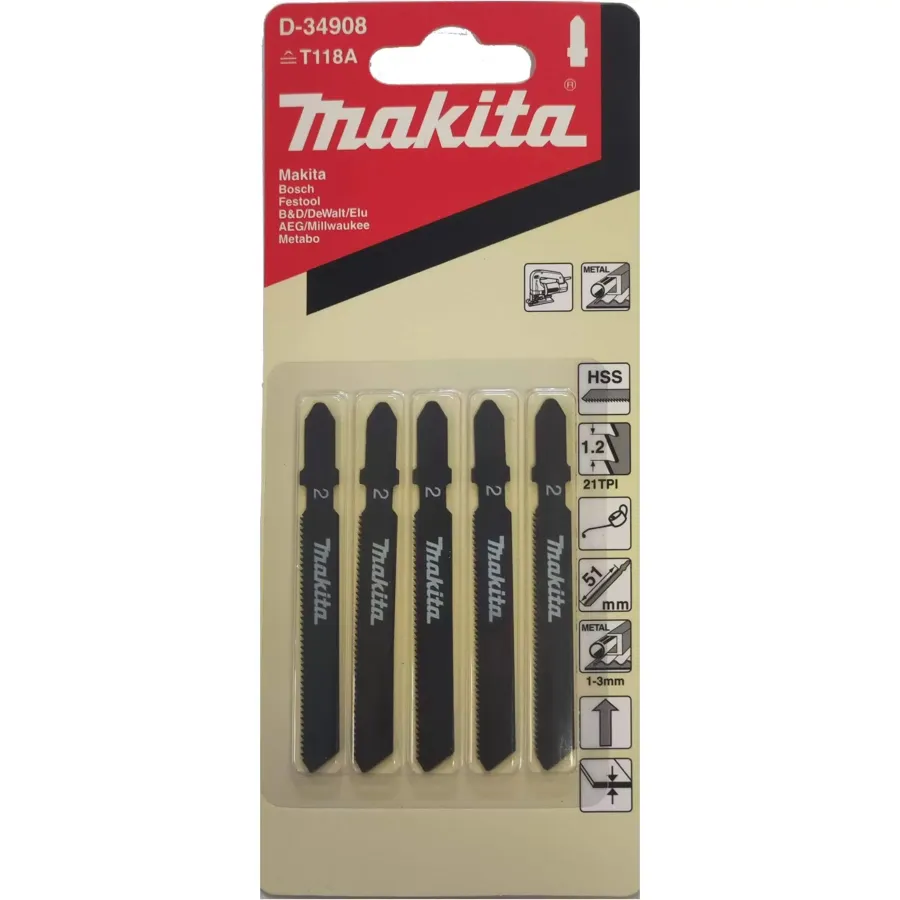 Пилка лобзиковая по стали, 75 мм, 21TPI, 5 шт. Makita D-34908