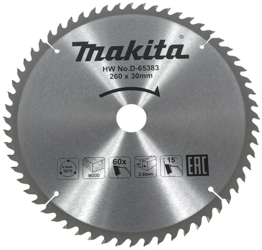 Диск пильный по дереву, 260x2.6x30 мм, 60T Makita D-65383