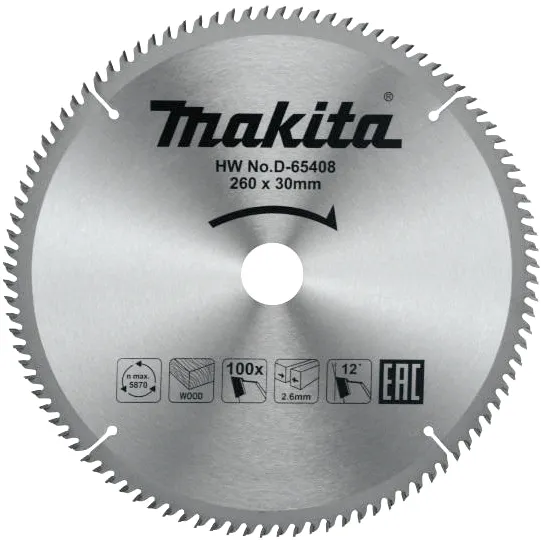 Пильный диск по дереву 260x2.6x30, 100T Makita D-65408