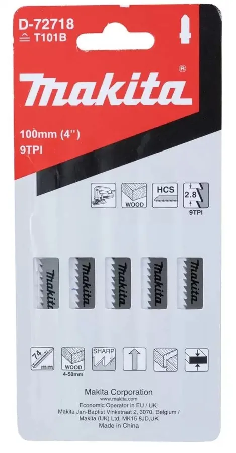 Лобзиковая пилка для дерева, 100 мм, 9TPI, 5 шт. Makita D-72718