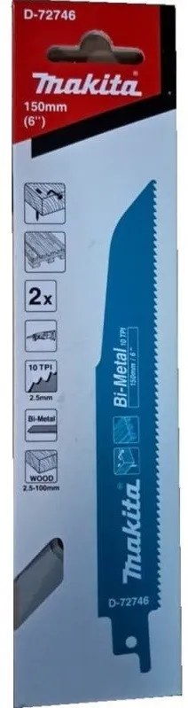 Сабельная пилка для древесины с гвоздями 150x1,25x10TPI, 2 шт. Makita D-72746